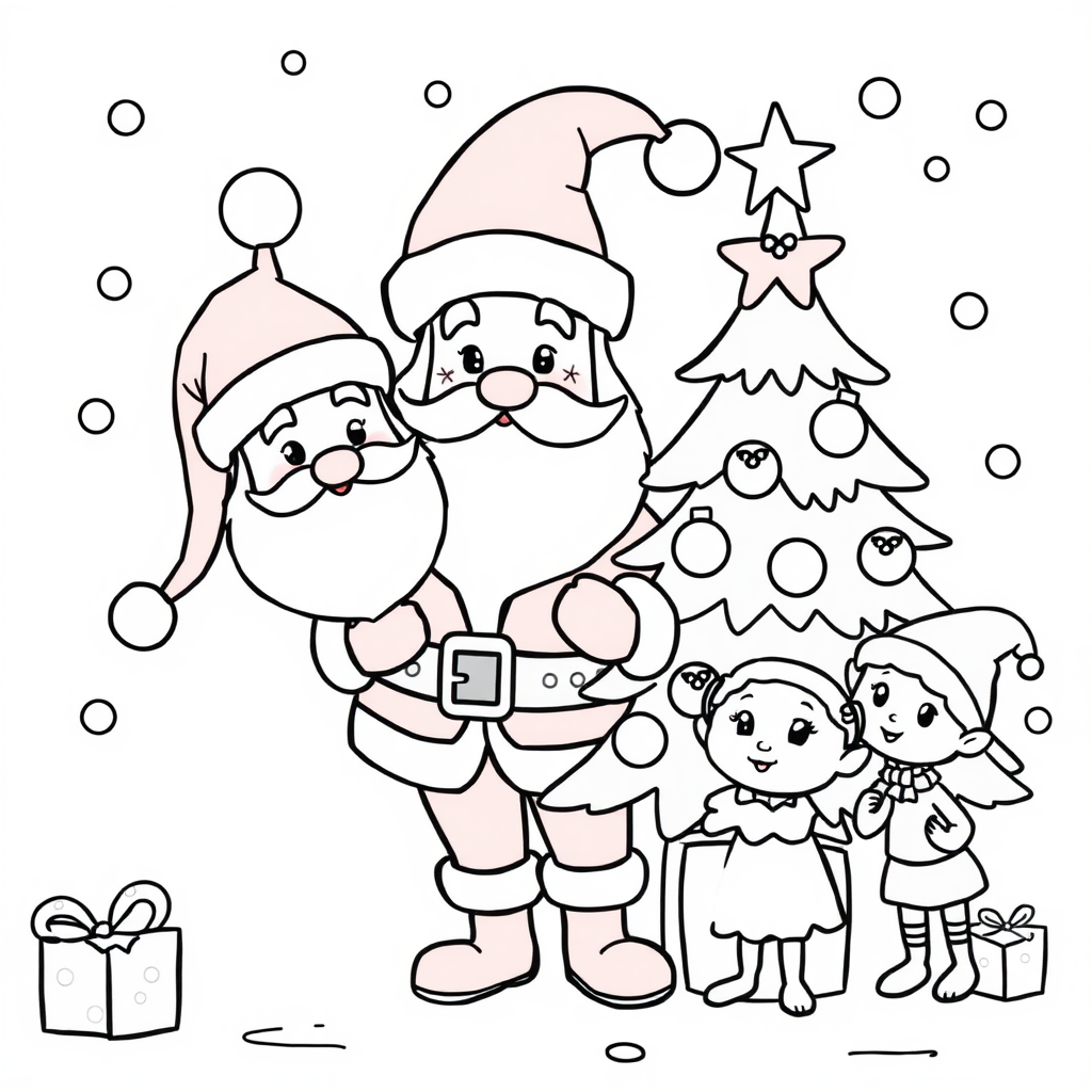 Santa and elves on Christmas coloring pages for kids.