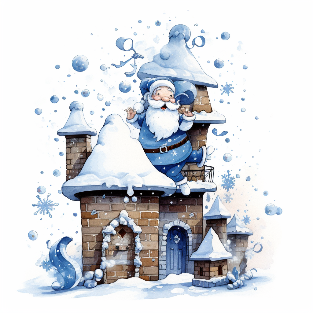 Santa cartoon in blue suit jumps into chimney.