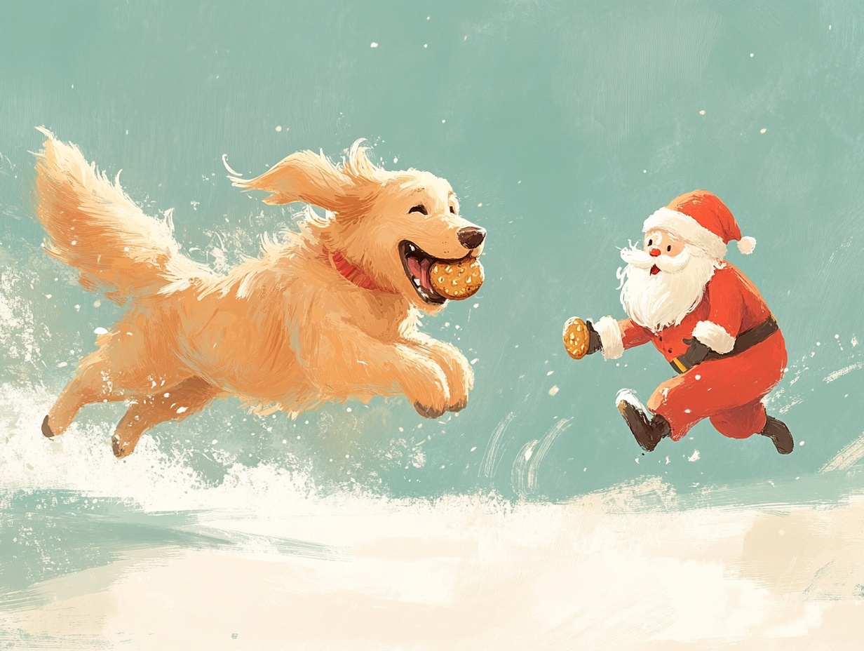 Santa chasing golden retriever with cookie in mouth.