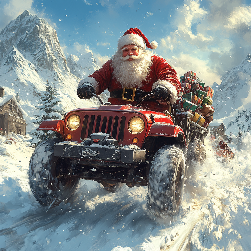 Santa flies a Jeep instead of reindeer