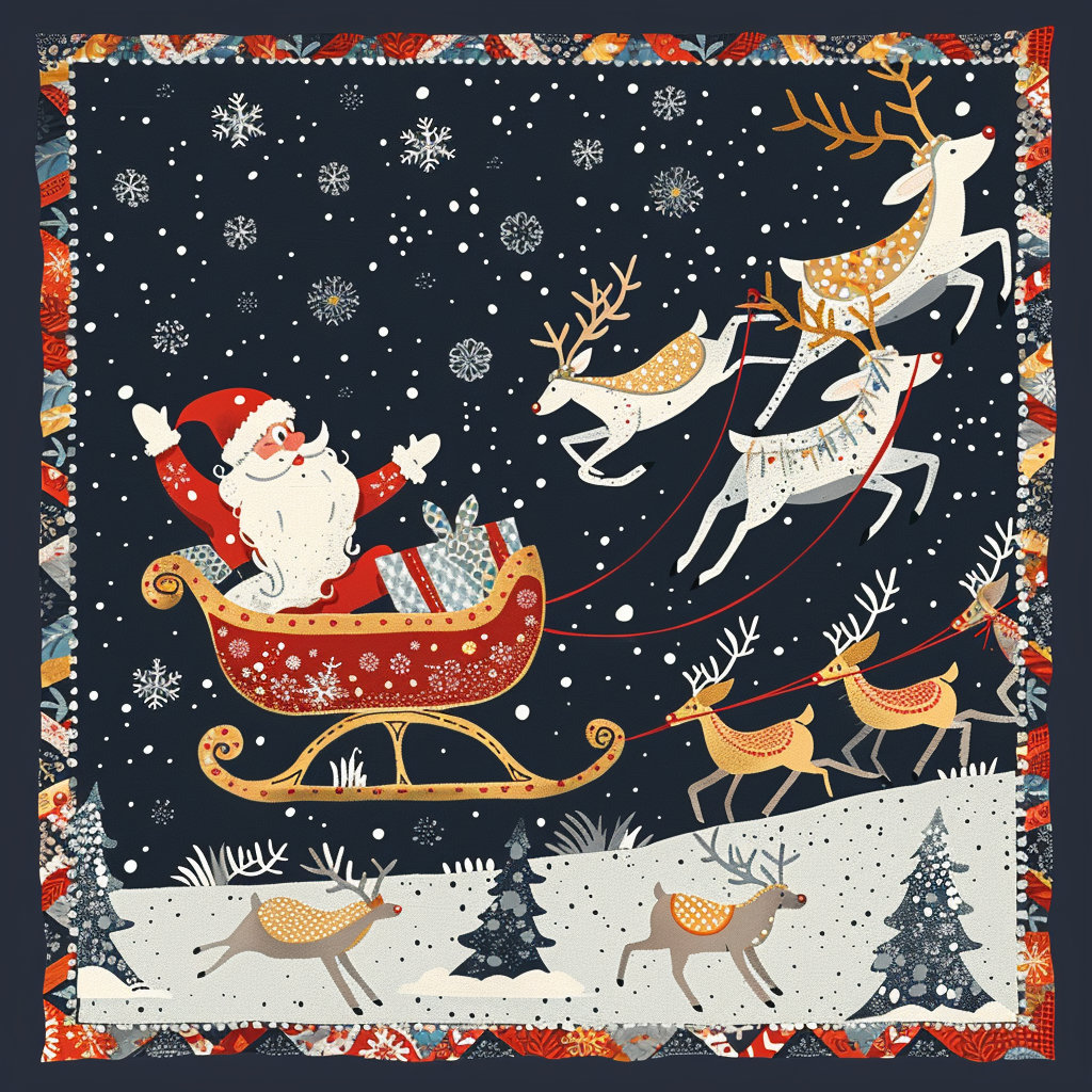 Santa flying left on sleigh with reindeer, quilt style.