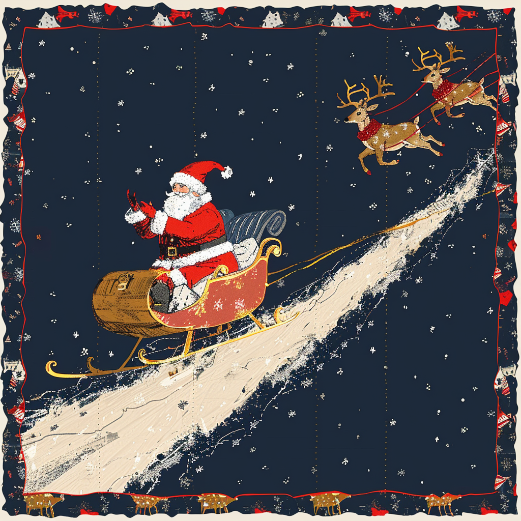 Santa flying on sleigh with reindeer in quilt style.