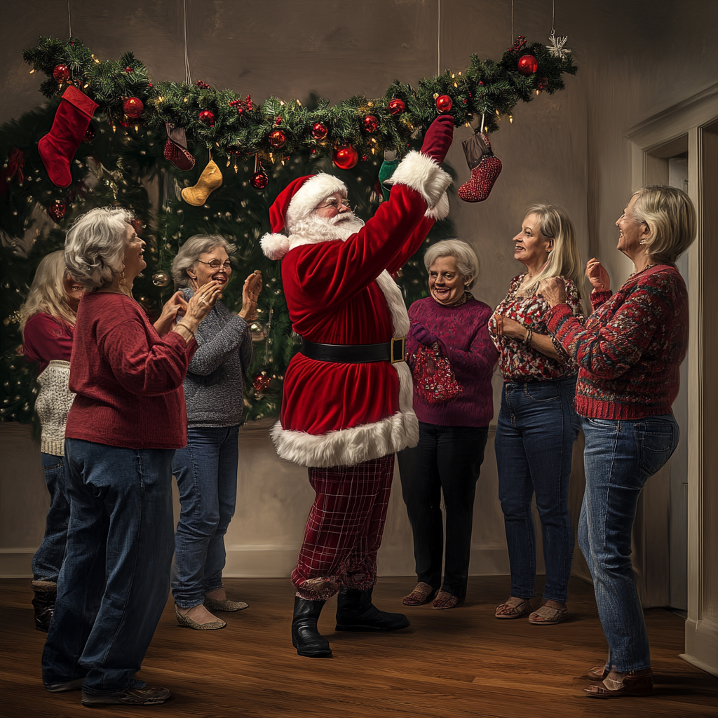 Santa hanging Christmas garlands with stylish elderly women