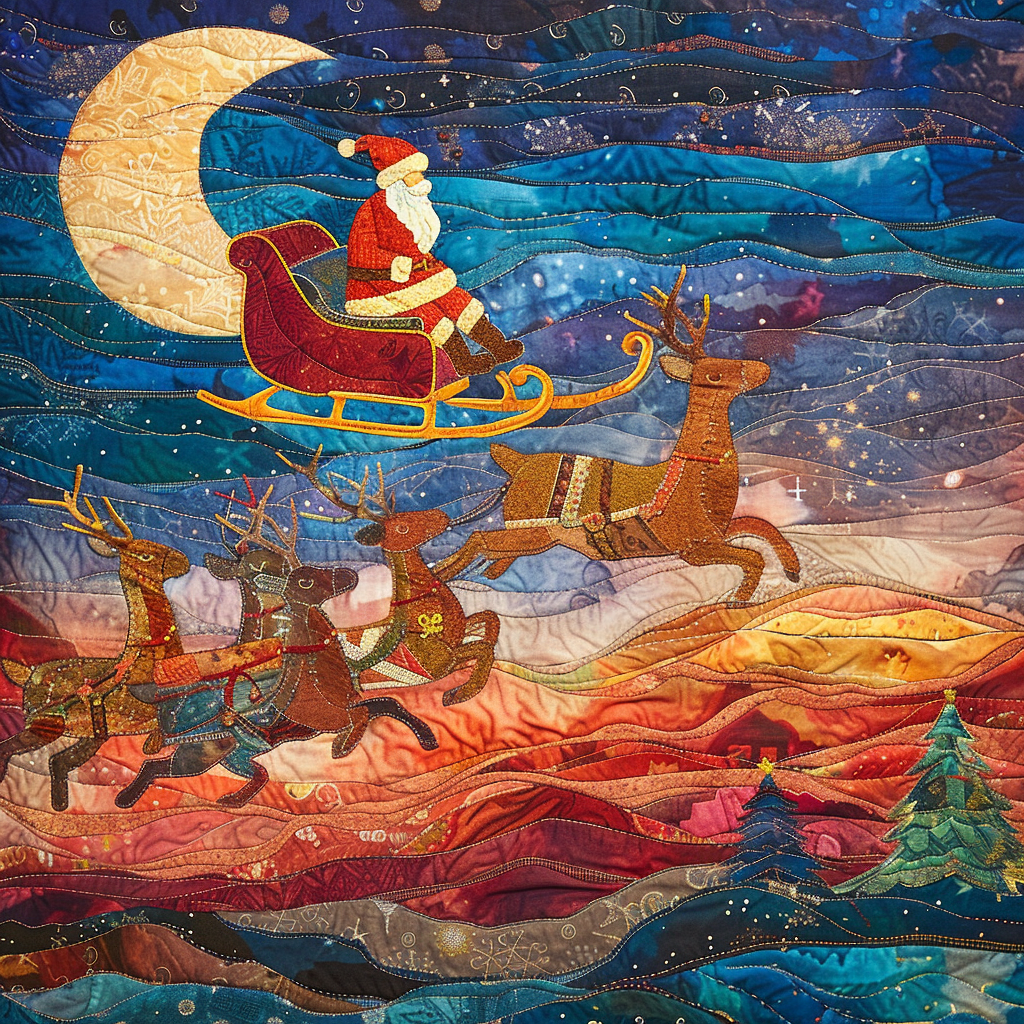 Santa in quilt-style sleigh, reindeer flying in sky.