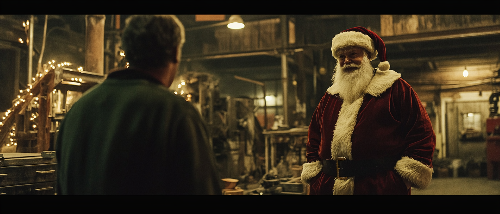 Santa interviewing middle-aged man in metal/wood workshop -ar