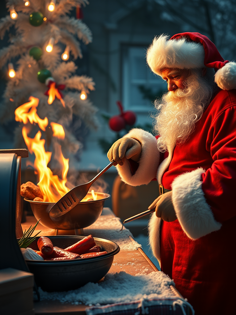 Santa is grilling bbq food in a picture.