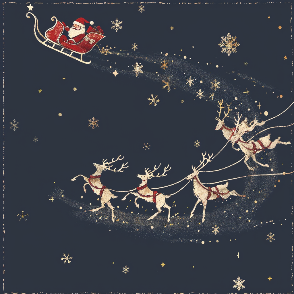 Santa on sleigh with reindeer flying left, cozy style.