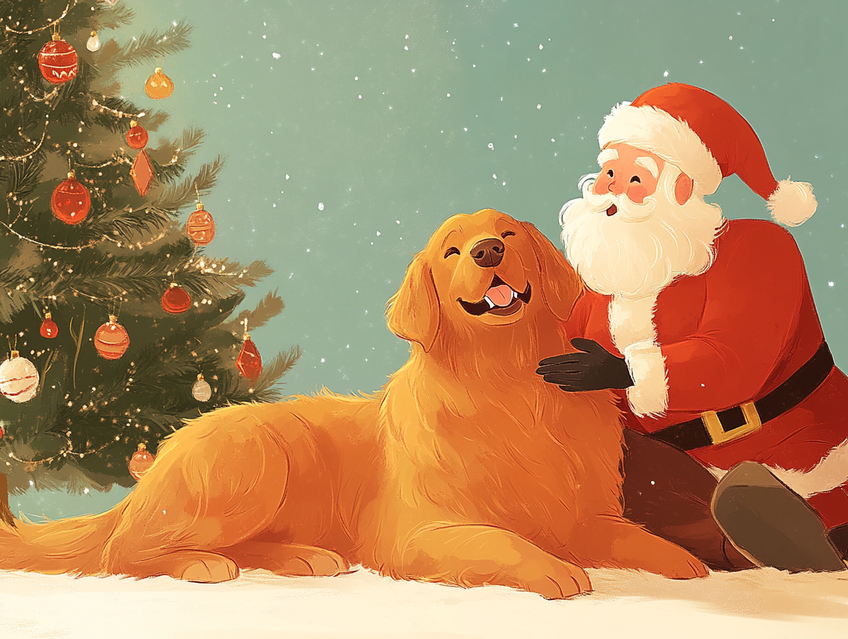 Santa praising Golden Retriever under Christmas tree, children's book.