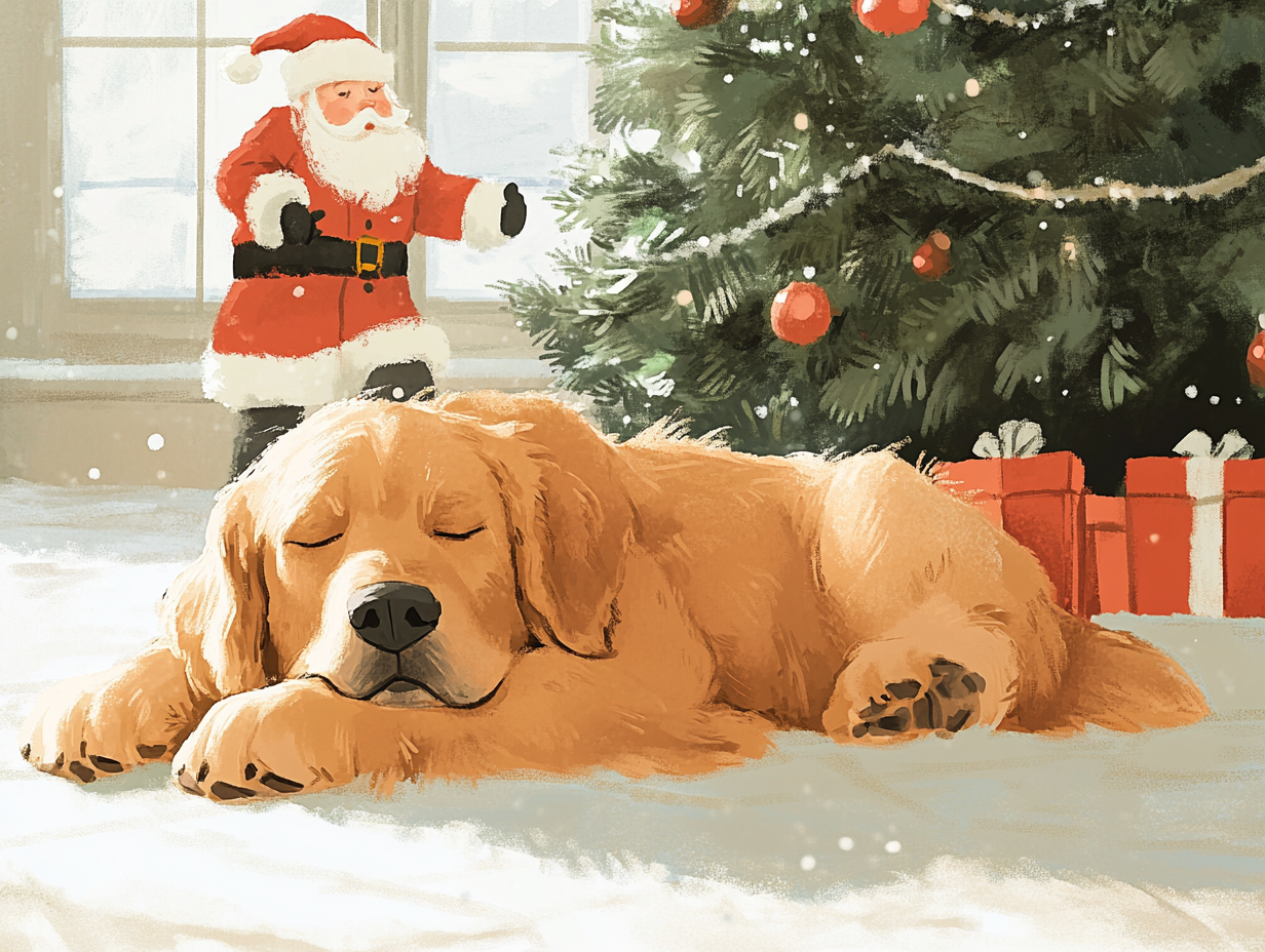 Santa tries to tiptoe past sleeping dog.