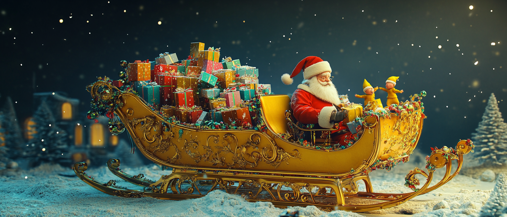 Santa with Elves Loading Gifts on Yellow Sleigh