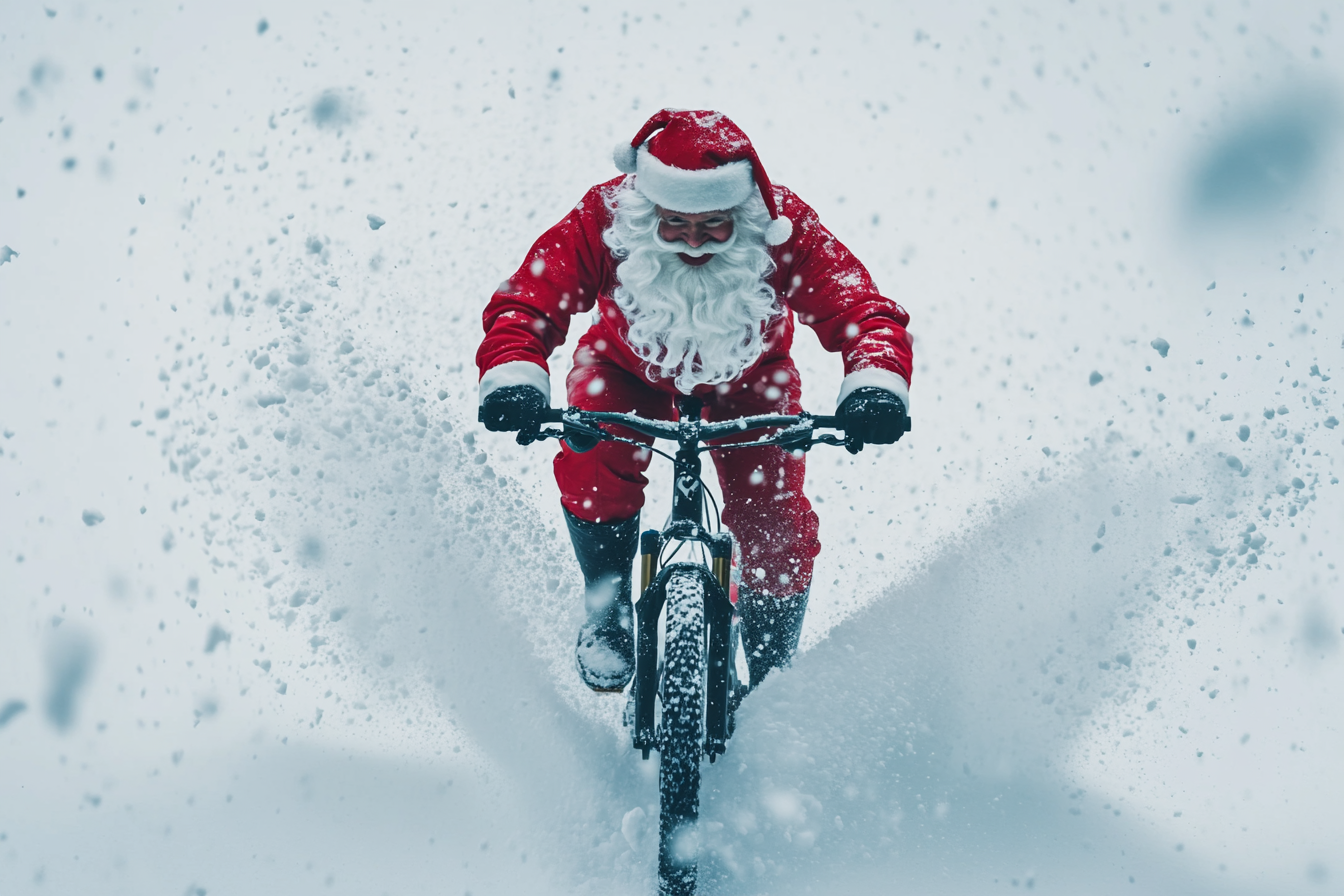 Santa with white beard smiles on bike