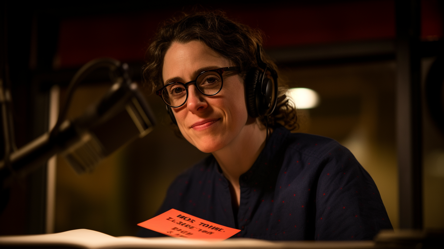 Sarah Koenig recording podcast episode in studio. Glowing sign, notes, real photography.