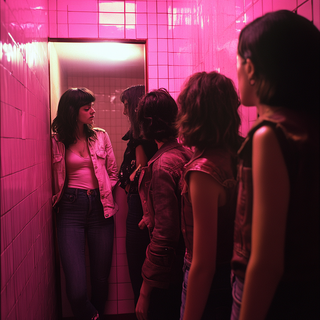 Sarah joins three women in punk disco restroom.