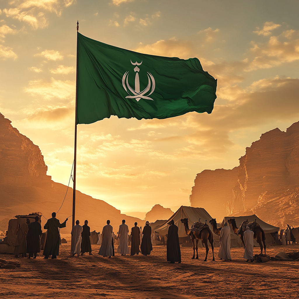 Saudi men proudly raise green flag in desert sunset.