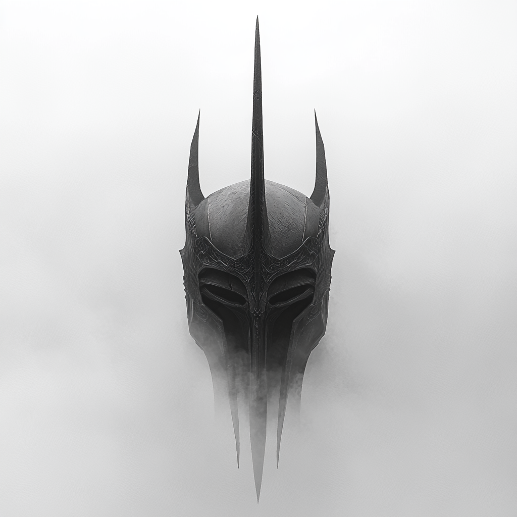 Sauron helmet in fog with cinematic lighting.