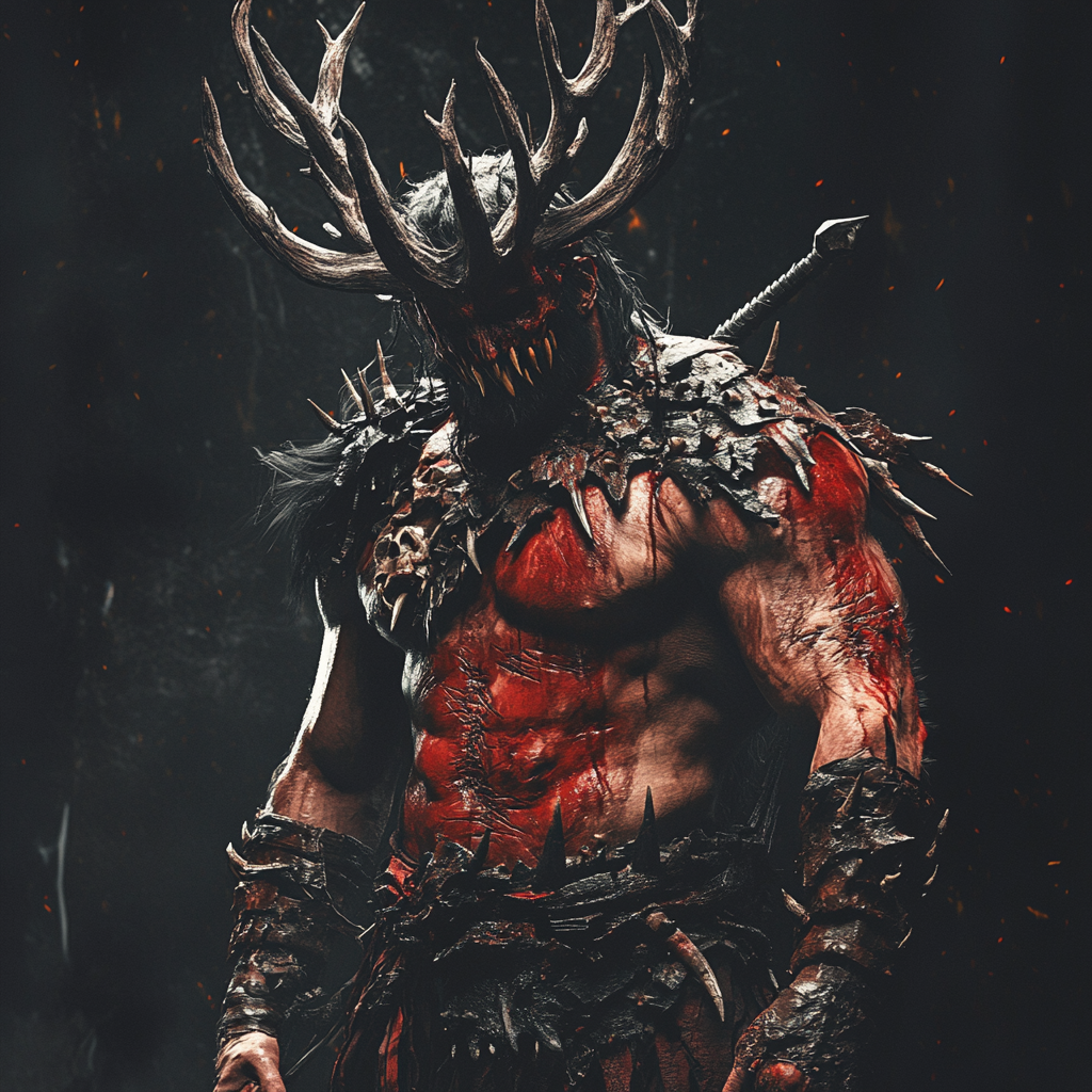 Savage warrior with antlers and red skin in gothic armor