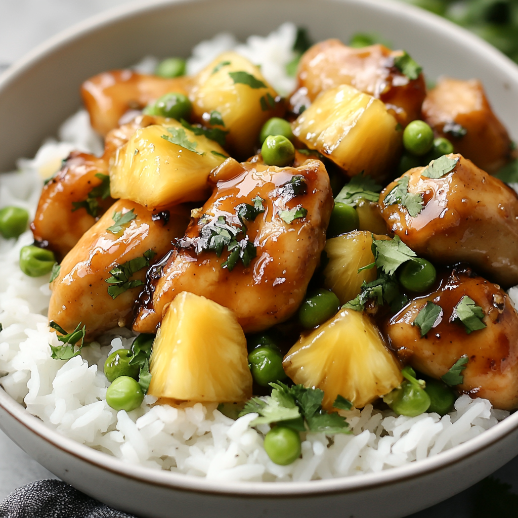 Savory-sweet pineapple chicken rice dish with fresh herbs, chili.