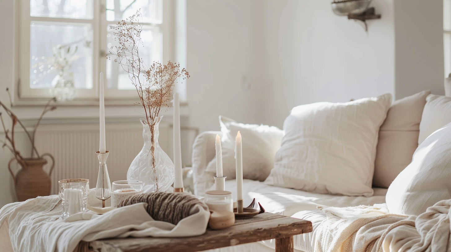 Scandinavian-style living room with minimalist design and cozy atmosphere.