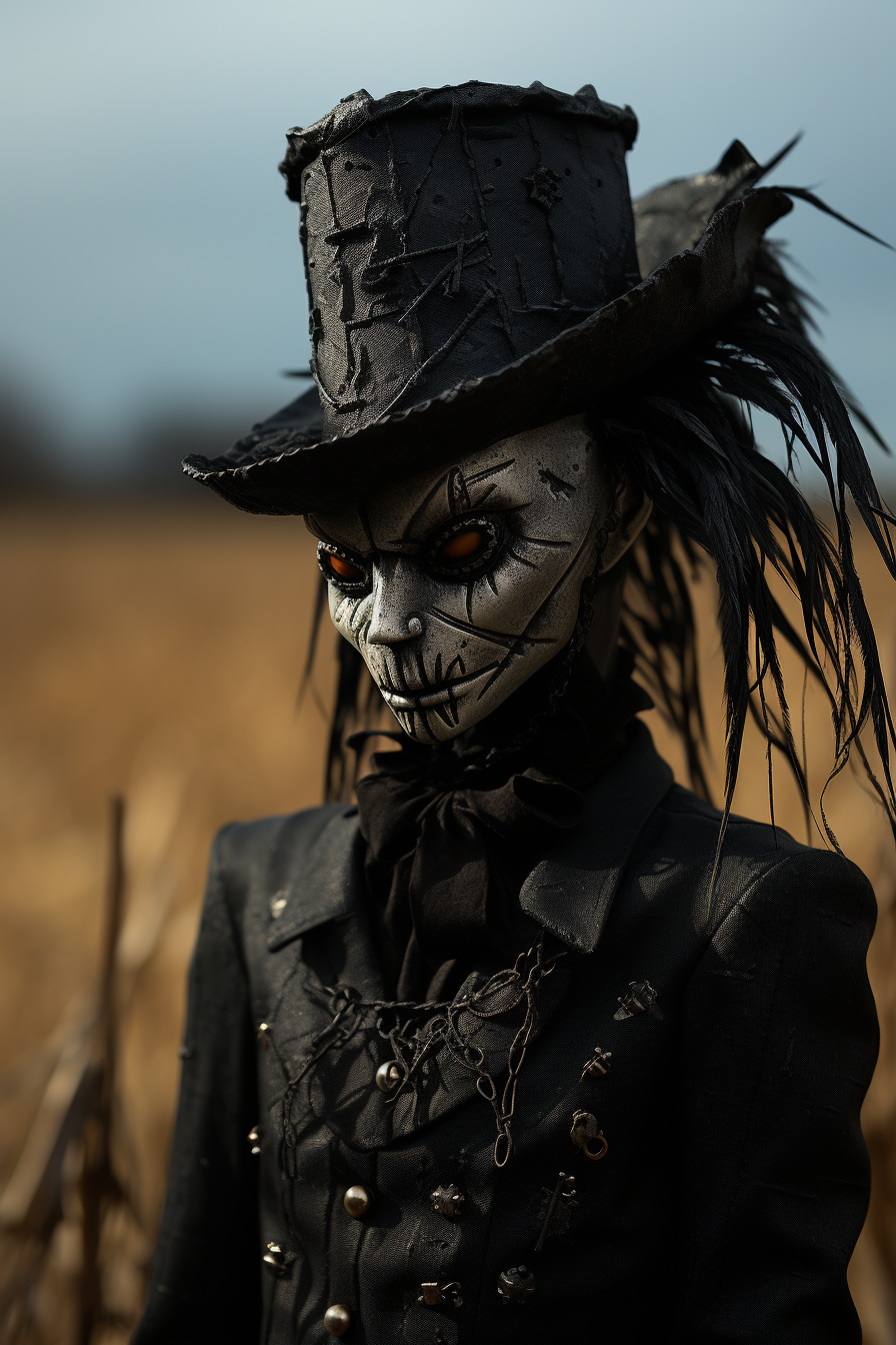 Scarecrow doll in field with evil crows.