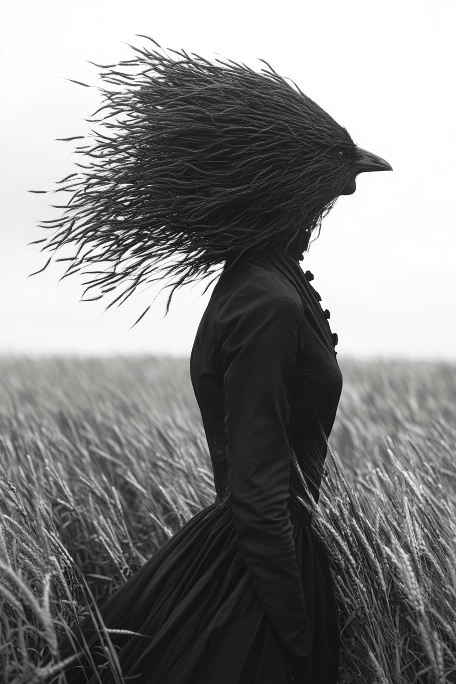 Scarecrow in field, evil crows, gothic setting.