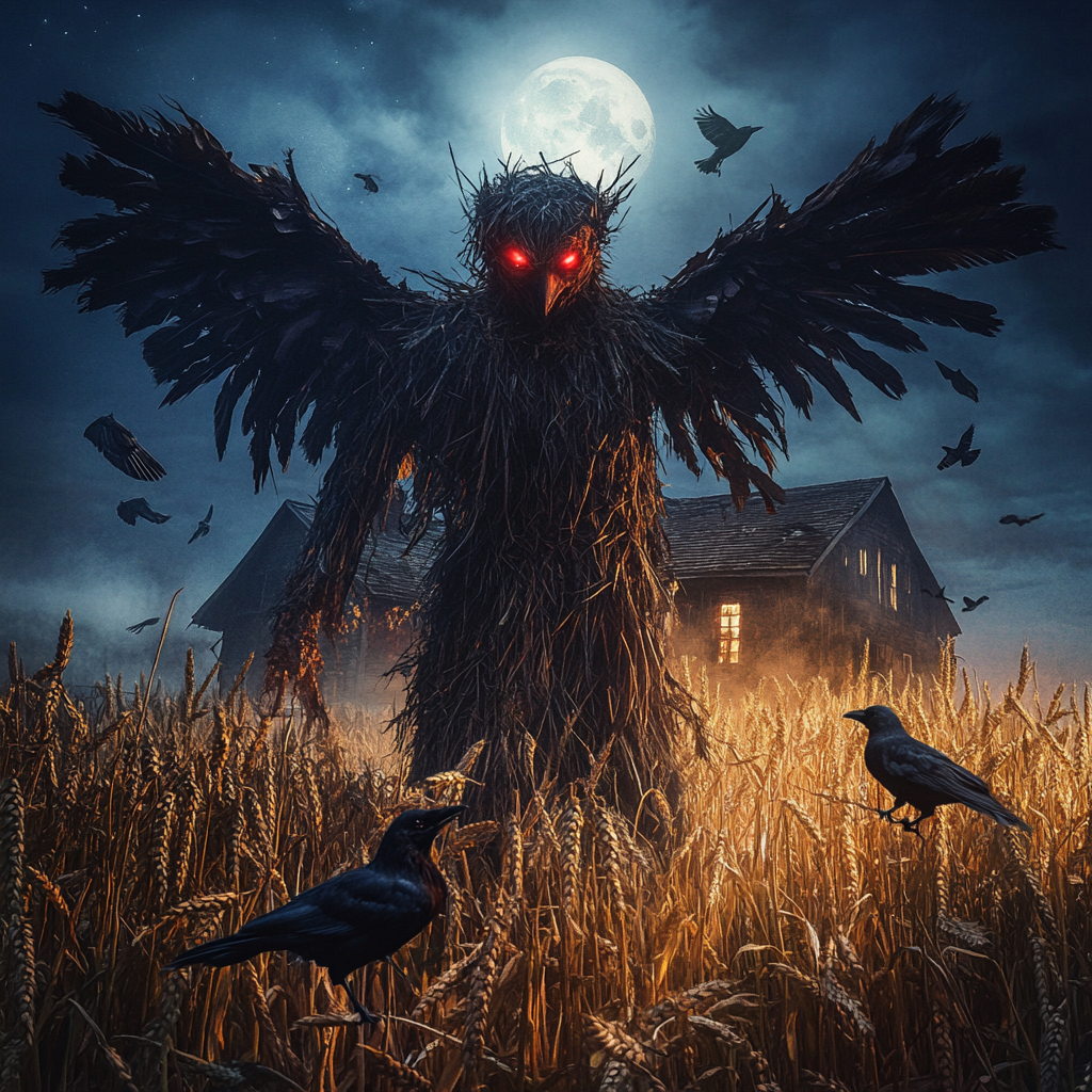 Scarecrow with wings on wheat farm at night