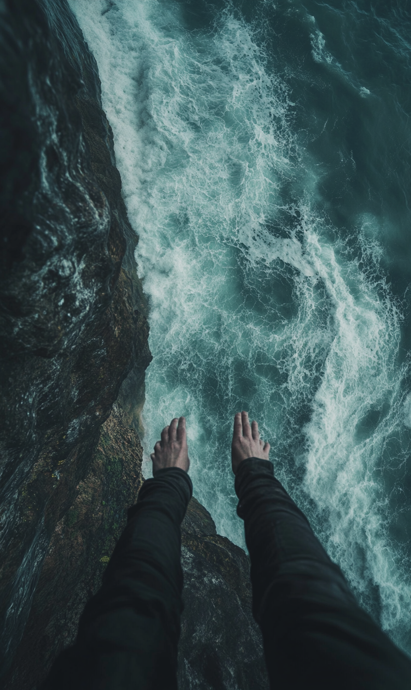 Scared Person on Cliff Looking Up - Stormy Weather