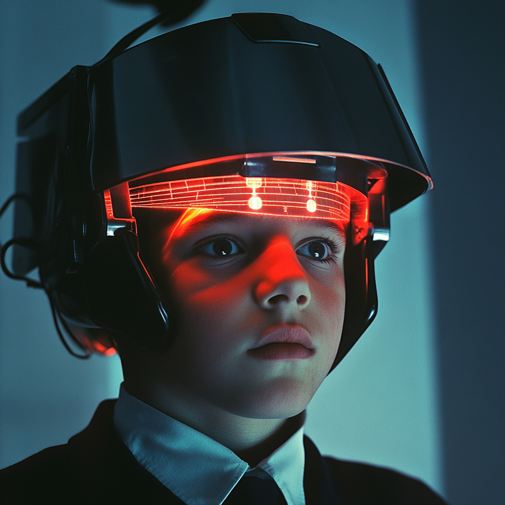 Scared boy in school uniform being scanned closely.