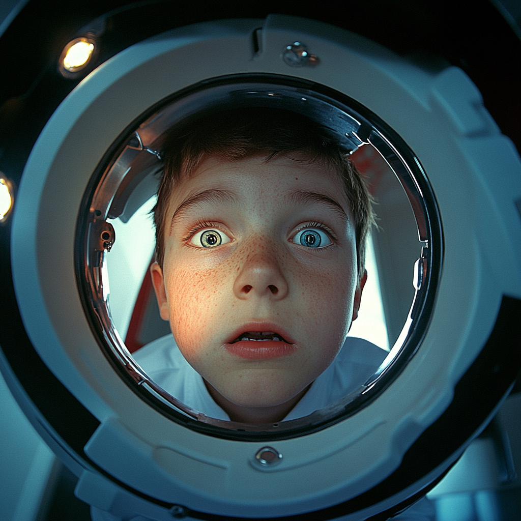 Scared boy in school uniform getting face scanned.