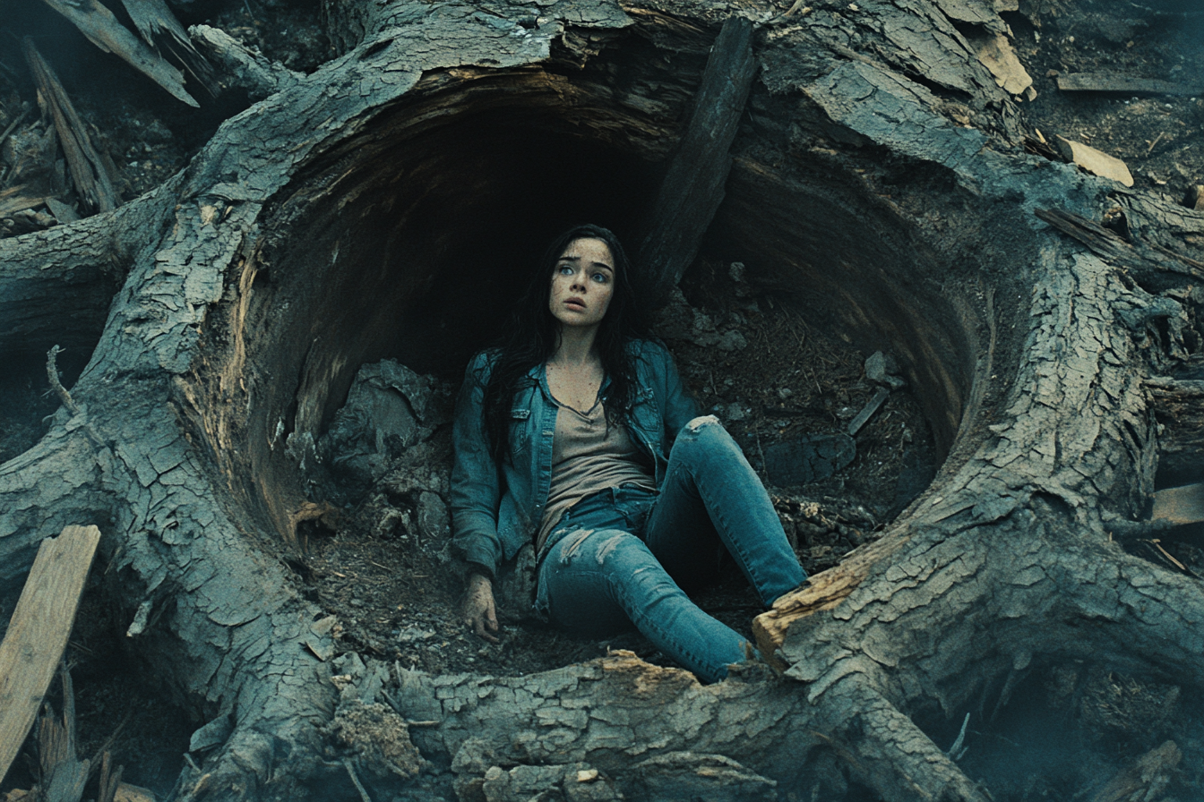 Scared girl in destroyed forest seeks shelter