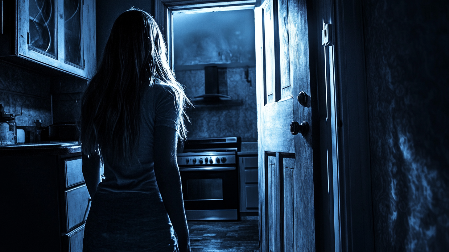 Scared girl looks into dark kitchen, sees ghost