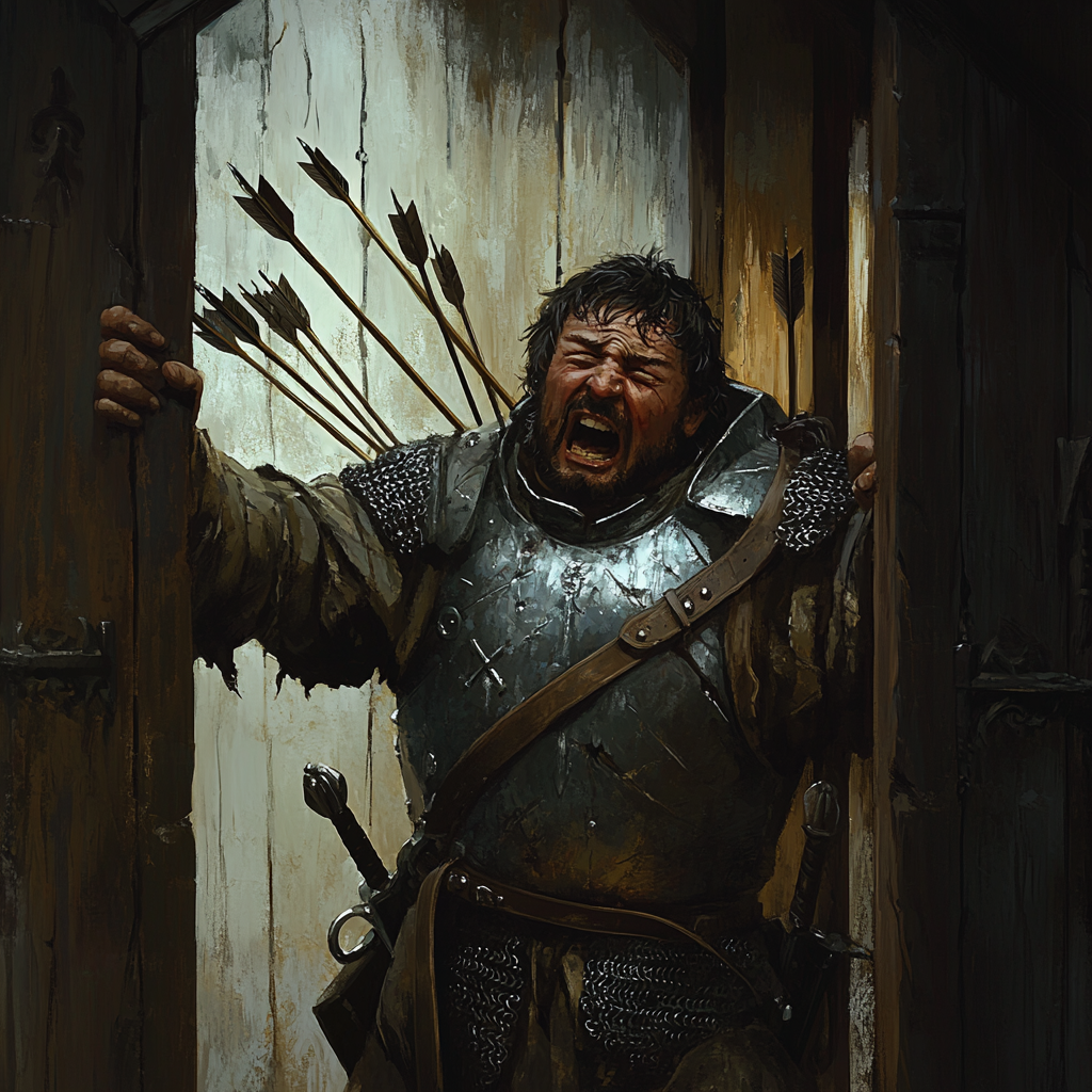 Scared guard at tavern door with arrows.