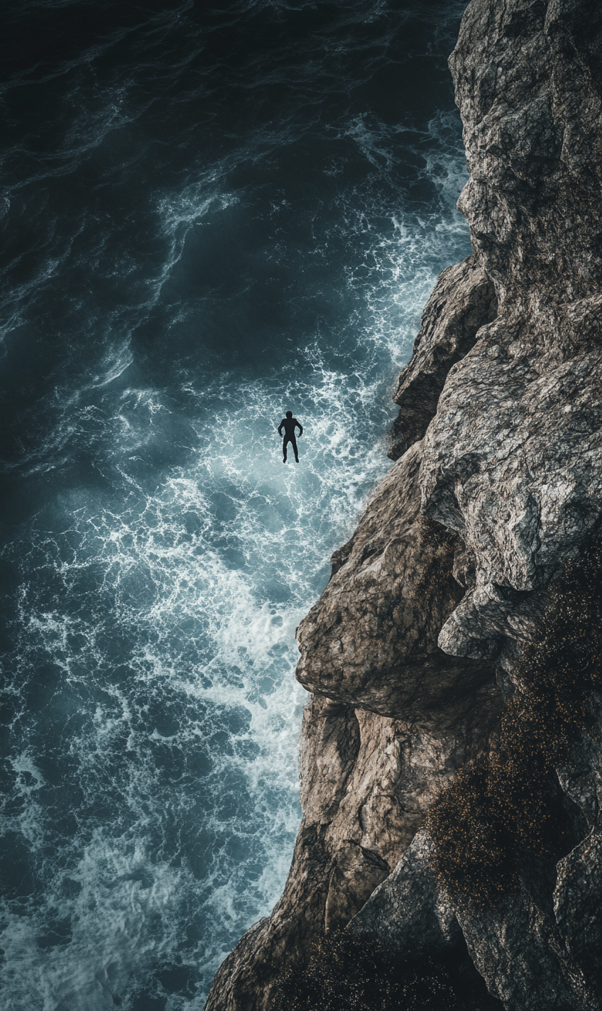 Scared person on cliff in stormy weather