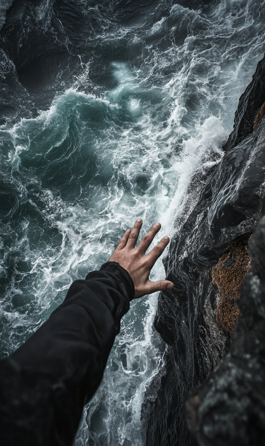 Scared person on cliff under stormy sky.