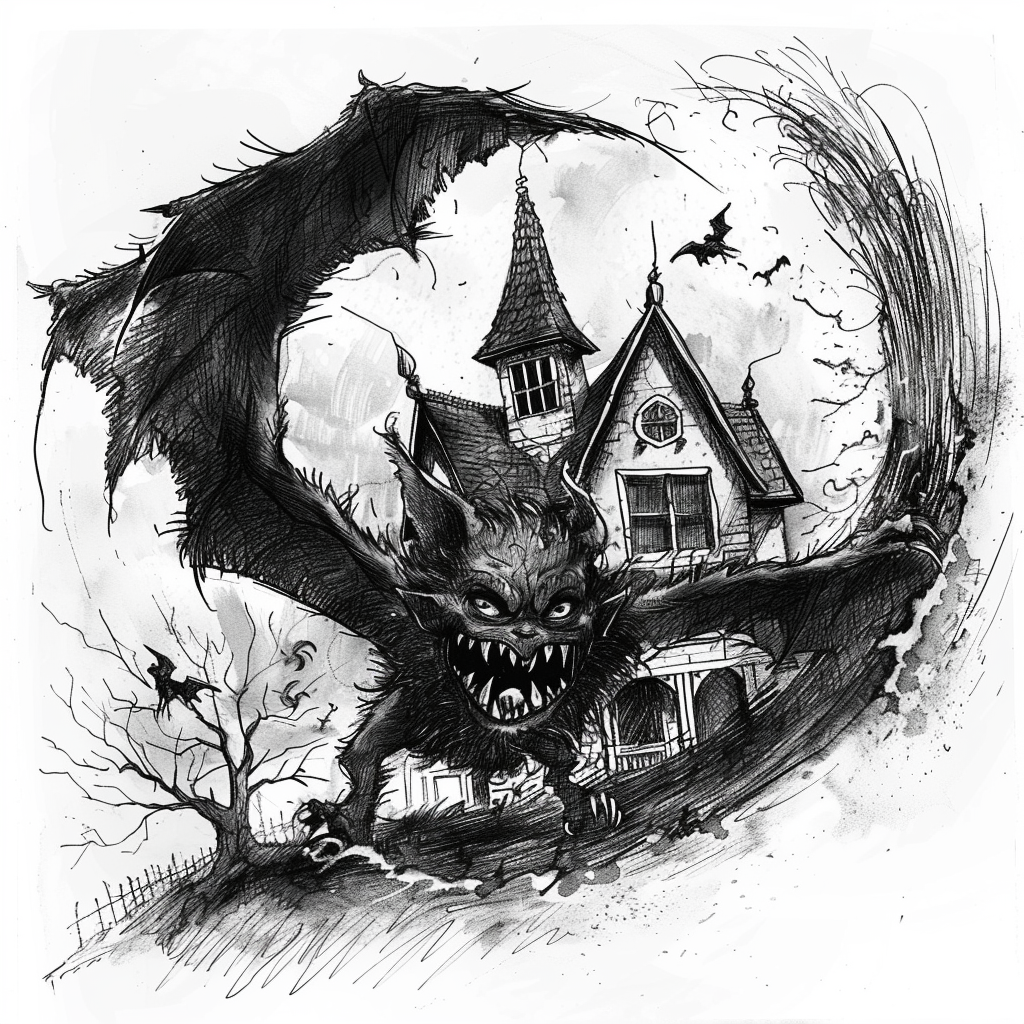 Scared winged devil in tornado sketch, tudor house