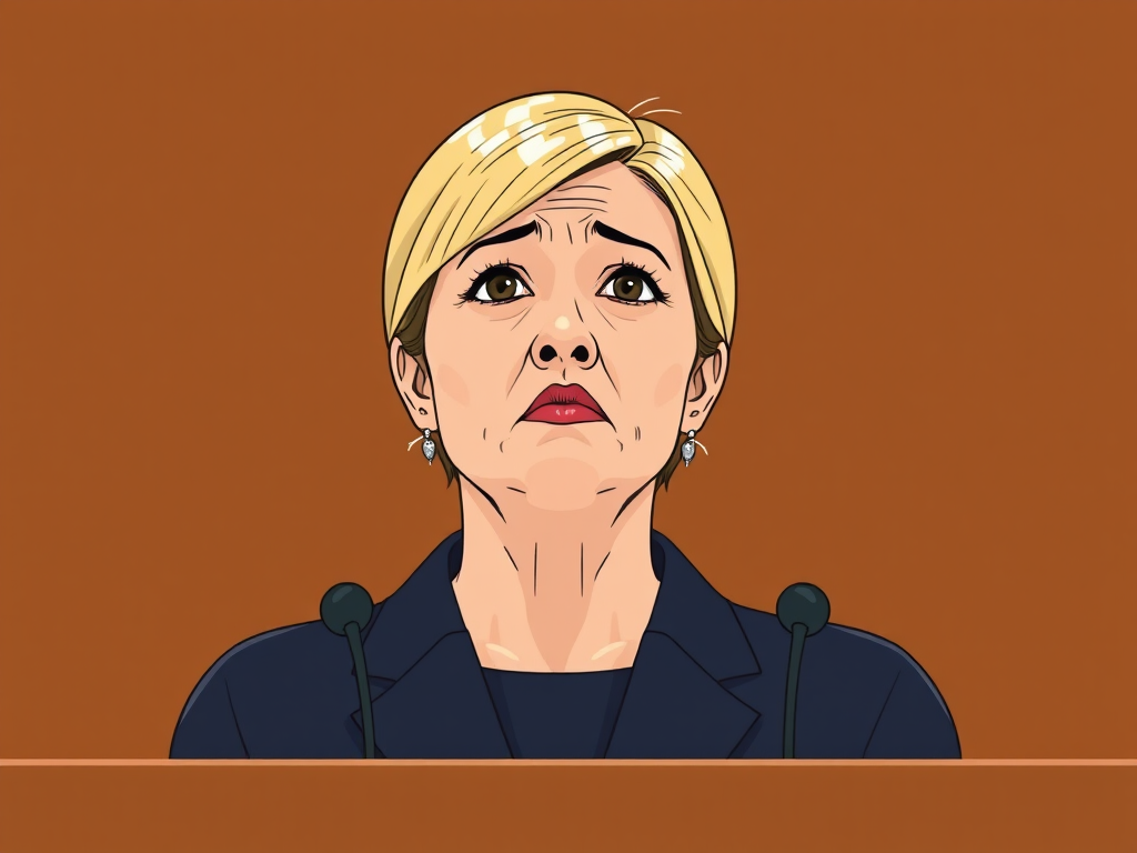 Scared woman defends herself in court, minimalistic illustration.