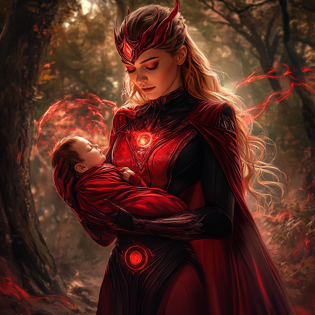 Scarlet Witch female version with baby in enchanted forest.