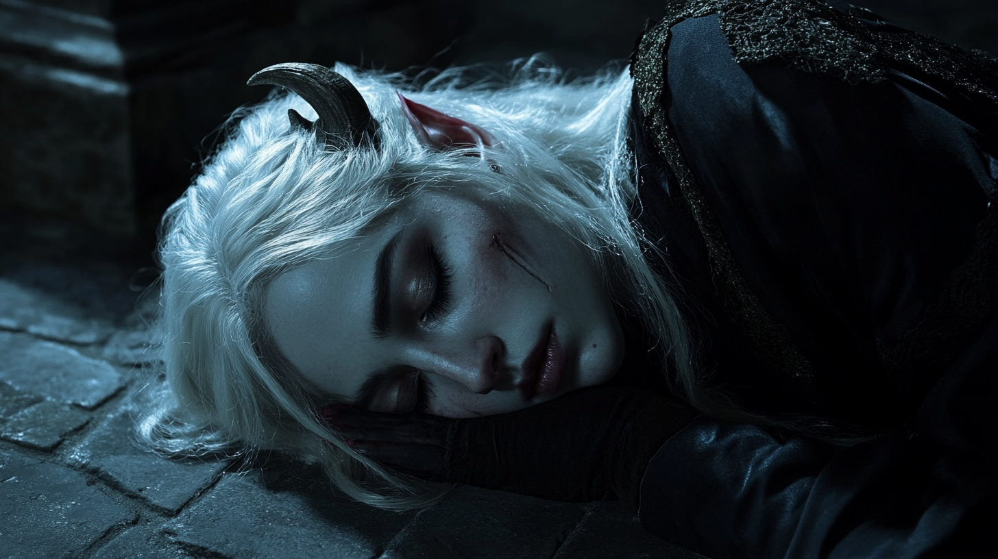 Scary Elven Woman Asleep in a Dark Castle