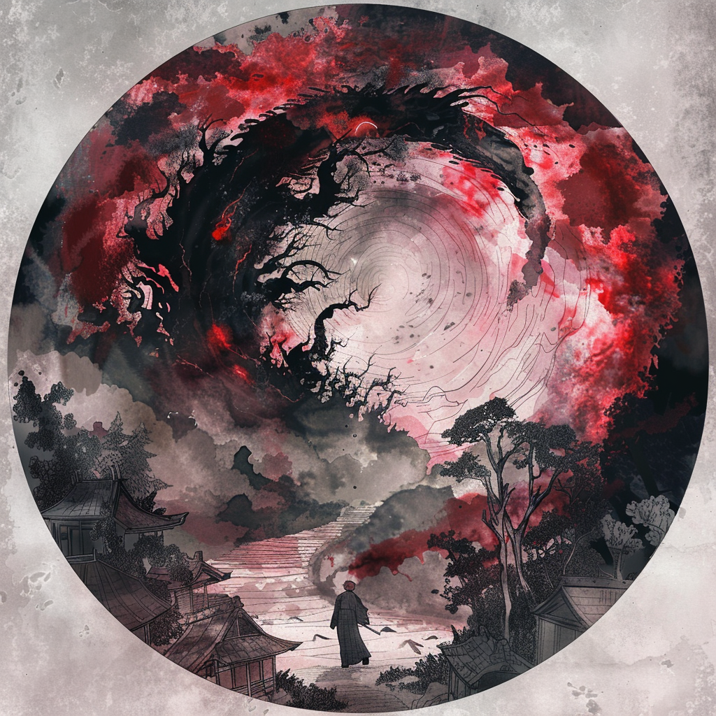 Scary Japanese spirit in watercolor painting circle