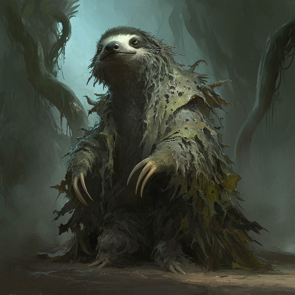 Scary Sloth in Haunted Forest: Gritty Atmosphere