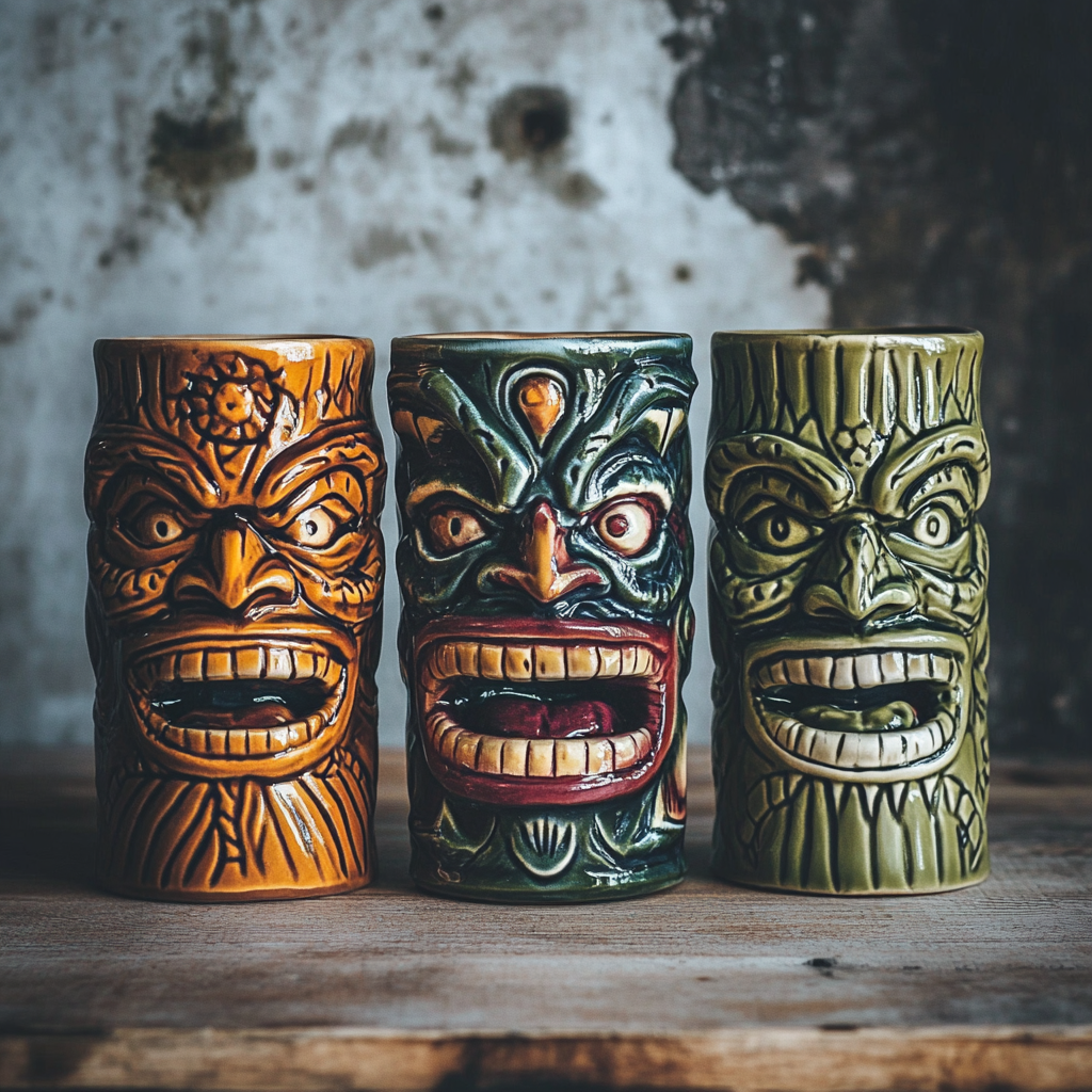 Scary ceramic tiki mugs with exotic Polynesian vibes.