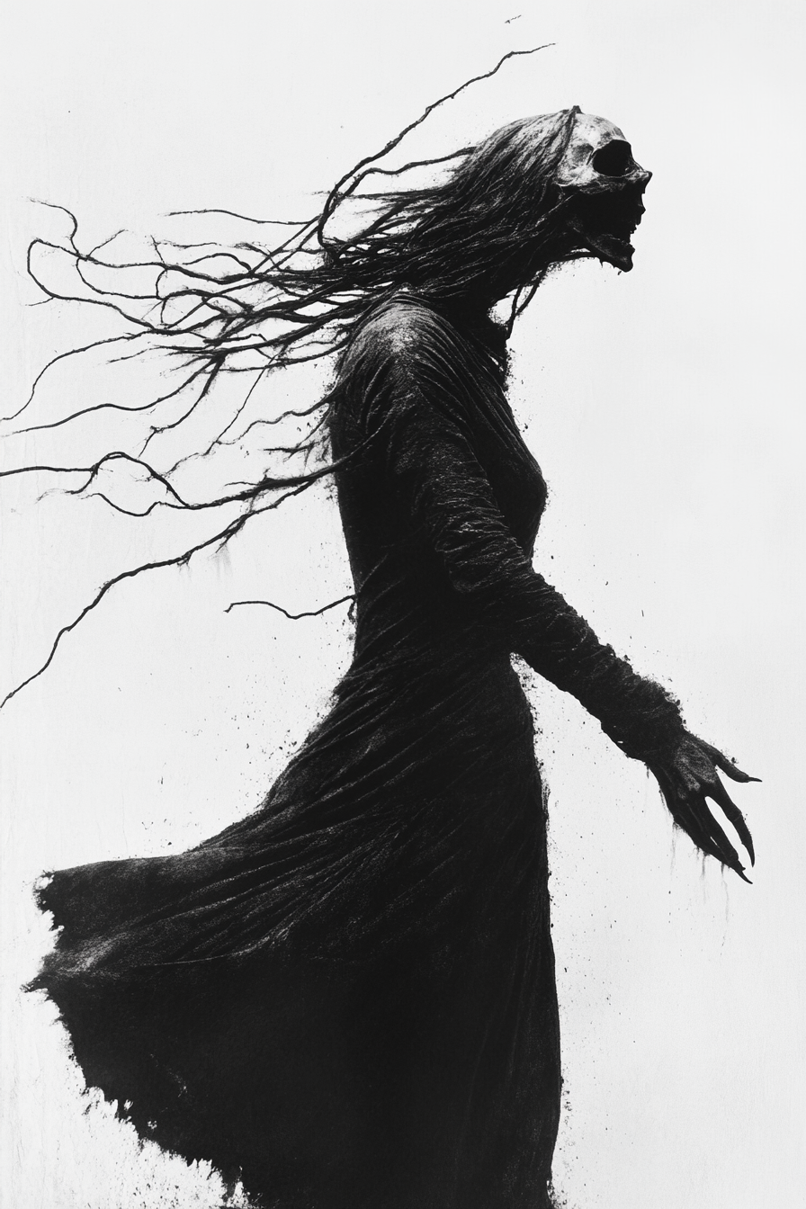 Scary female witch in dynamic, dark, elegant pose.