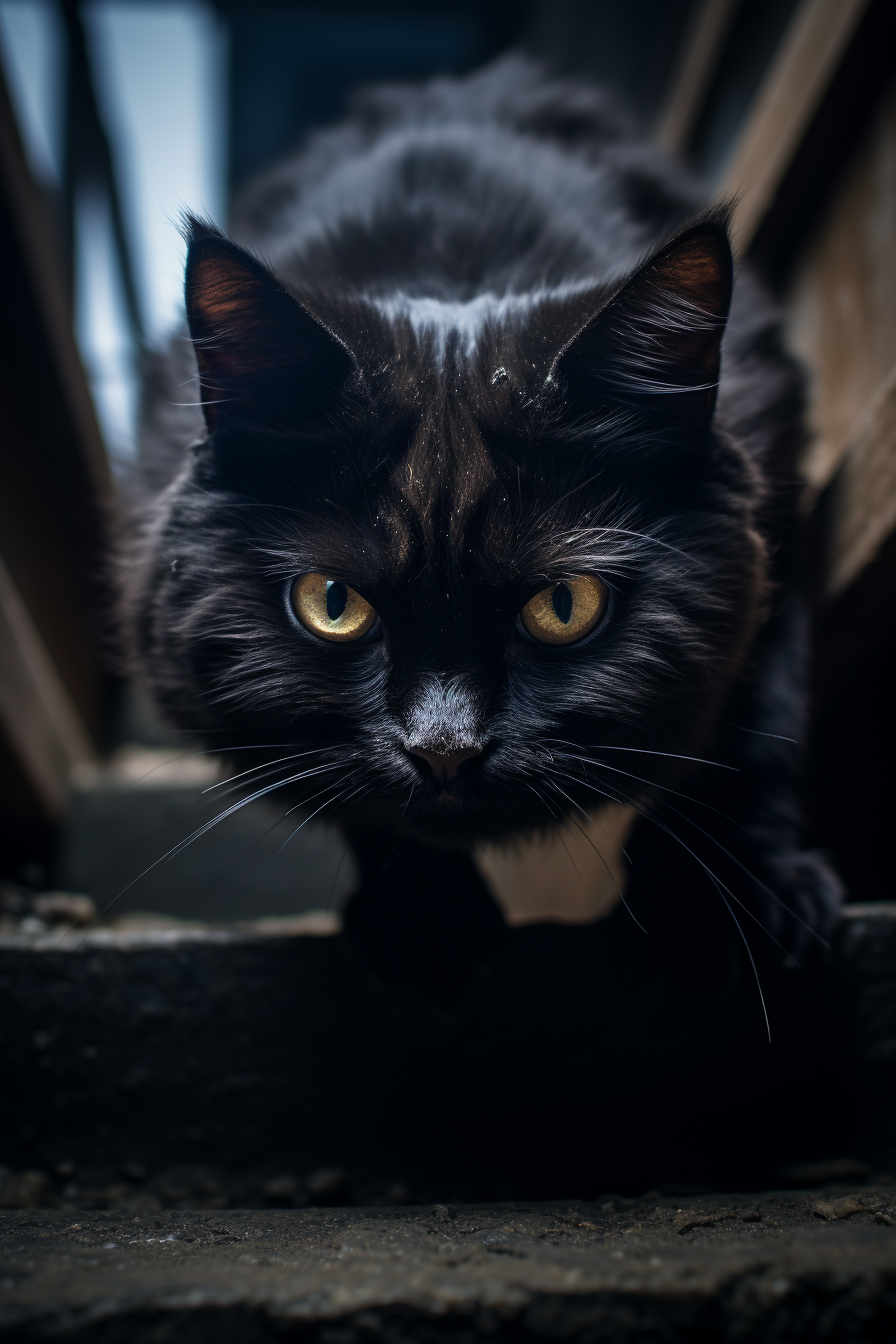 Scary horror scene with black cat crawling stairs.