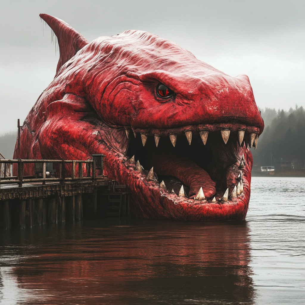 Scary red monster with shark and crocodile parts emerges.