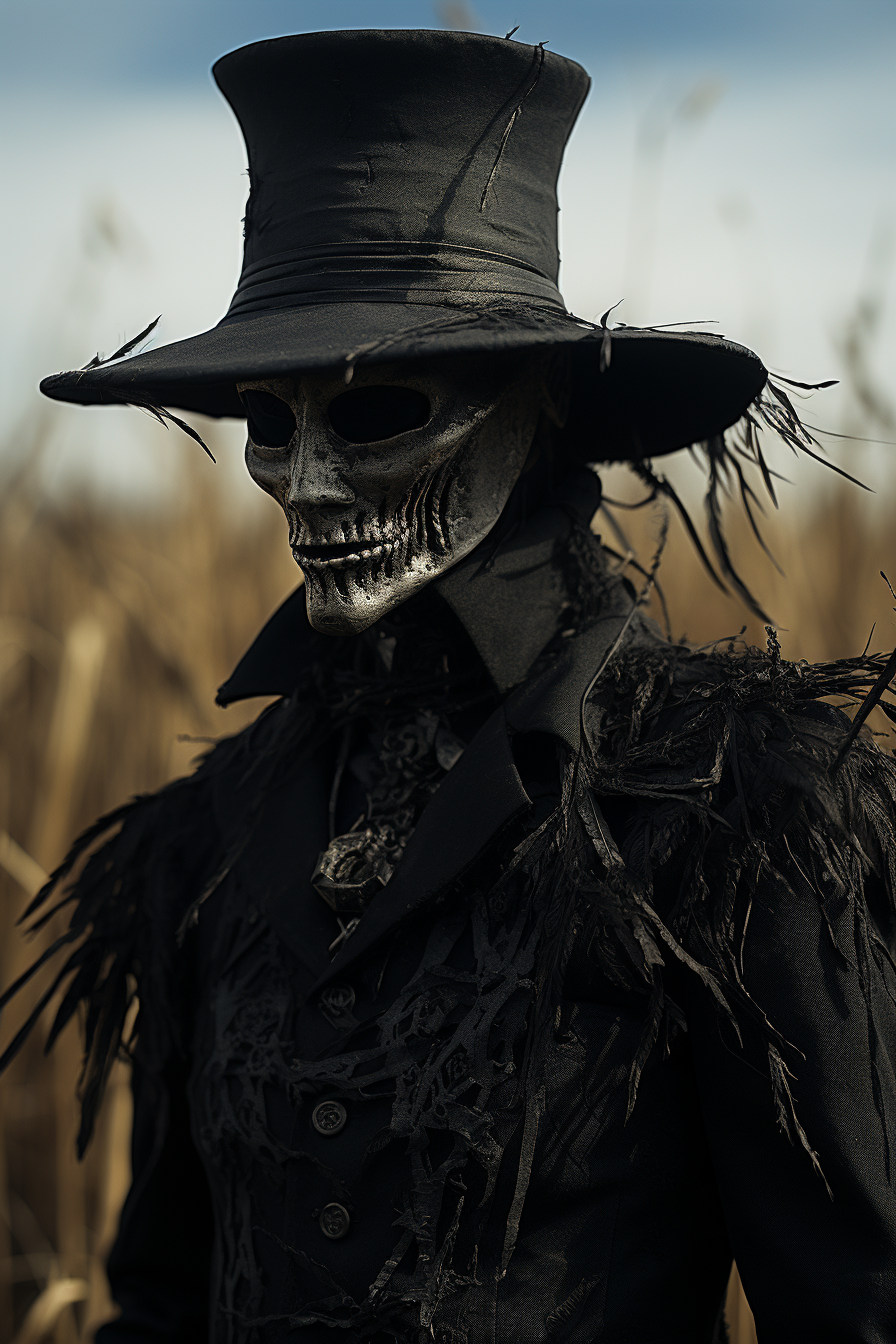 Scary scarecrow in field with evil crows.