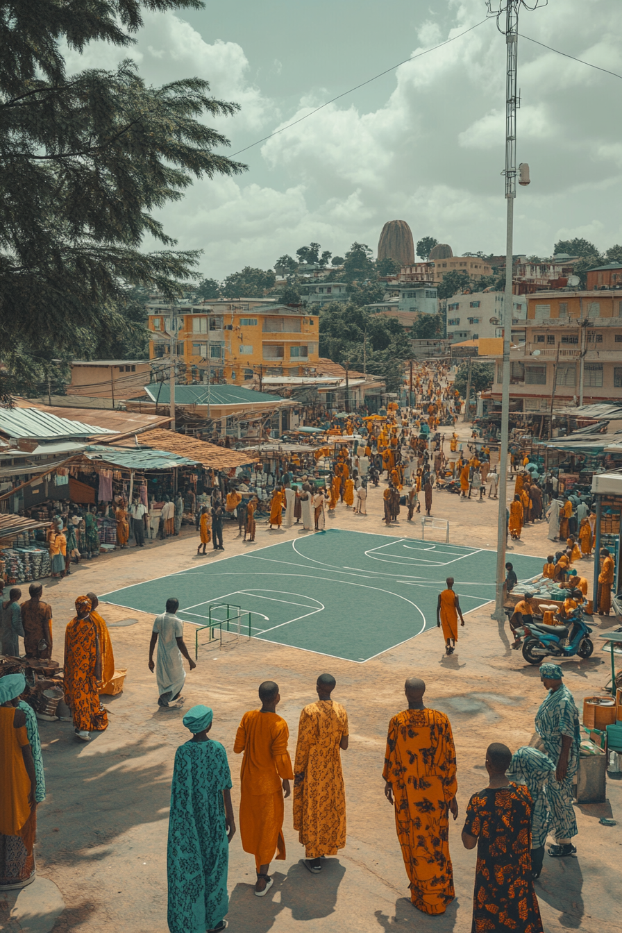 Scene in Abuja with basketball court and traditional clothing.