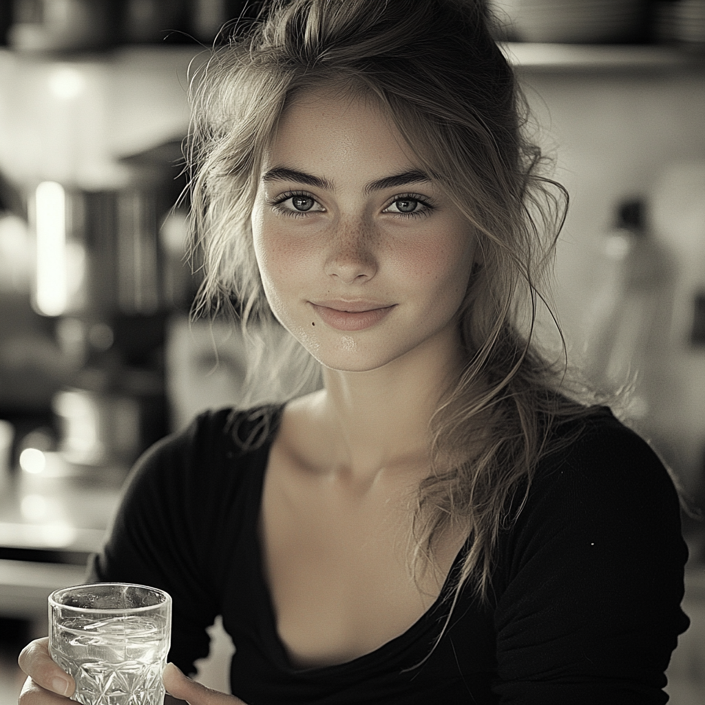 Scene in hot kitchen, woman pours water, smiling.