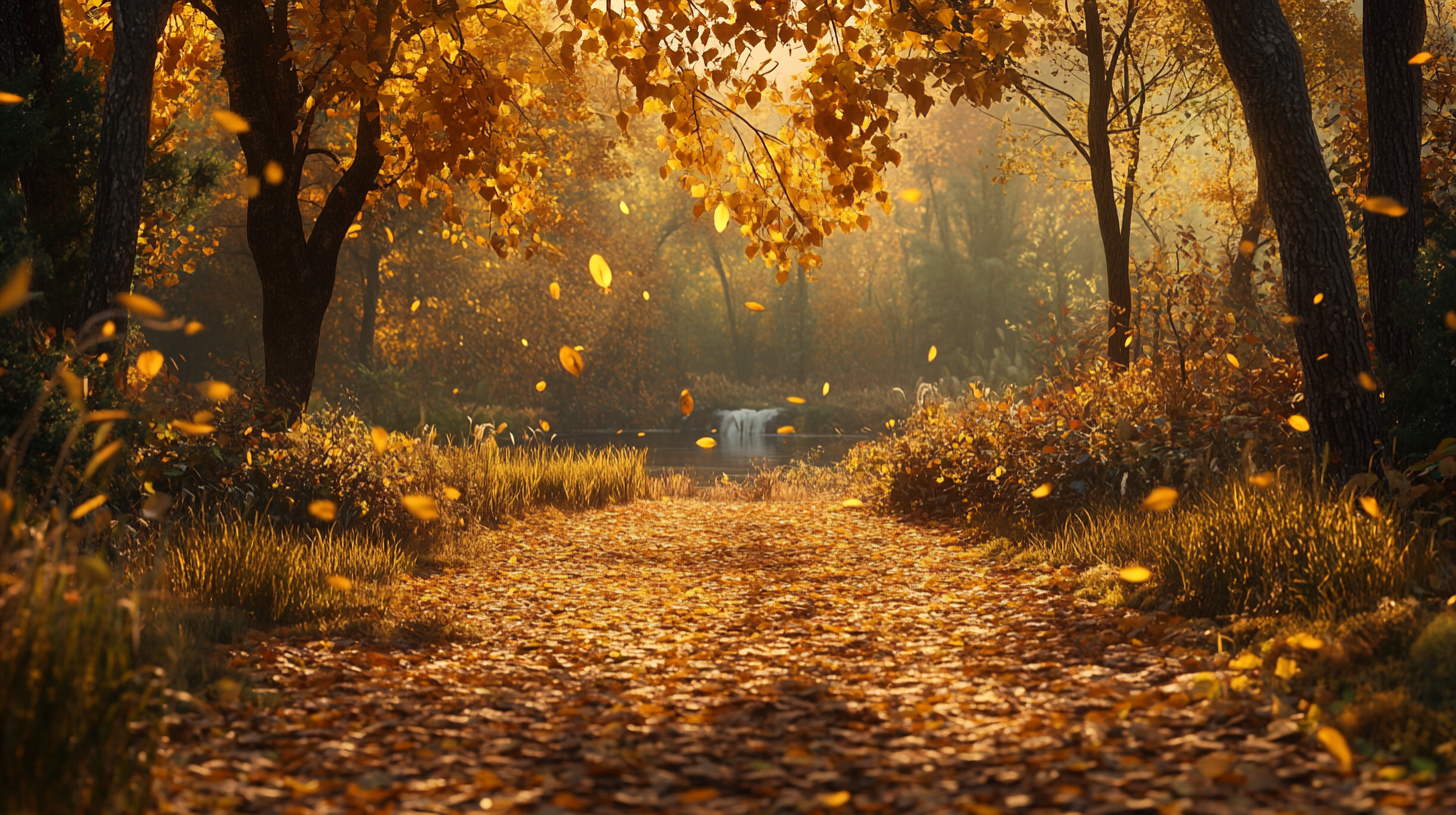 Scene in vast forest; leaves fall, stream flows nostalgically.