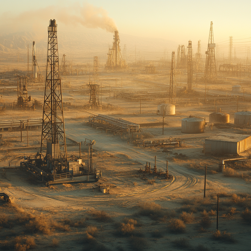 Scene of mature oil field at sunset, dusty landscape.