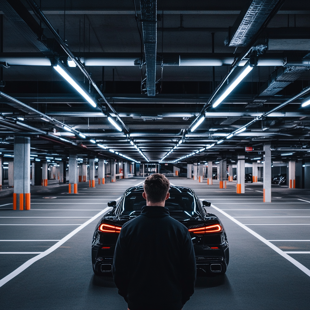 Scene: Underground parking lot, clean, modern, well lit. 