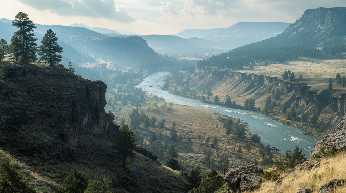 Scenic overlook of lower canyon and Yellowstone River.